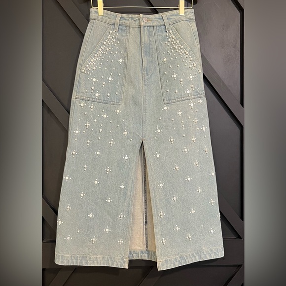 Sea Light Blue Embroidered Denim Midi Skirt - Picture 7 of 15